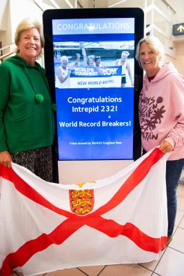 Jersey airport arrivals hall. Two of the rowers of Team Intrepid 232 return to the island following Atlantic 2024 and setting a new world record for the oldest women's fours crew to complete the challenge.         Rosemary Satchwell, Alison Smithurst, Julie Brady and Helene Monpetit finished the 3,000-mile rowing race in 58 days, 12 hours and 30 minutes, the 10th boat in the Women’s Class and 28th in all boats.  L>R  Alison Smithurst and Julie Brady                             Picture: ROB CURRIE