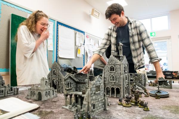 Trinity Youth Club. Jersey Privateers war gaming club, which meet the second Saturday every month. L>R Olivia Sharman and Alex Sangan playing the Middle Earth Strategy game                 Picture: ROB CURRIE