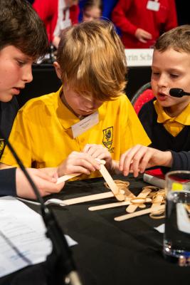 Royal Jersey Showground RJA&HS. De Putron Challenge quiz for school children. Heat 1 of the Year 6 challenge. Plat Douet school students construct a catapult from lolipop sticks, rubber bands and a spoon        Picture: ROB CURRIE