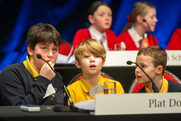 Royal Jersey Showground RJA&HS. De Putron Challenge quiz for school children. Heat 1 of the Year 6 challenge. Plat Douet school students ponder one of the questions                 Picture: ROB CURRIE
