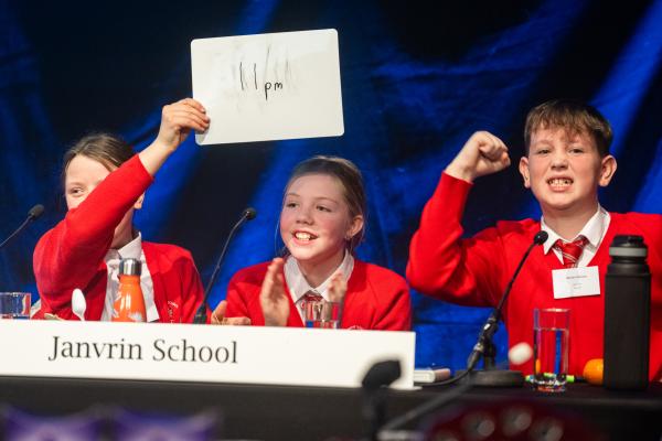 Royal Jersey Showground RJA&HS. De Putron Challenge quiz for school children. Heat 1 of the Year 6 challenge. Janvrin school students celebrate answering a qustion correctly                 Picture: ROB CURRIE