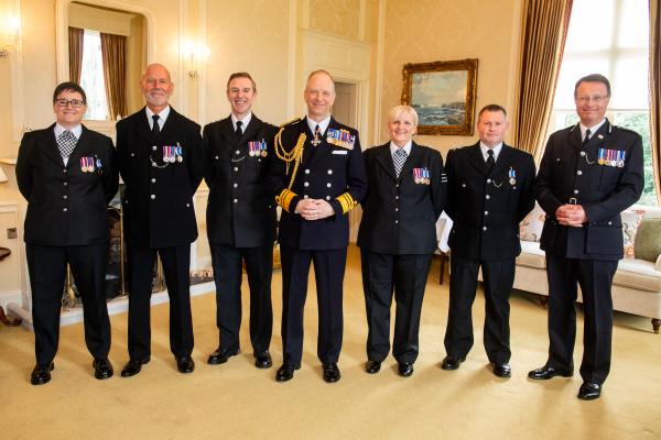 Government House. Medal Presentation to the States of Jersey Police. L>R Det Const Donna Hewlett - LS&GC Medal, Const David Bisson - LS&GC Medal, Det Ch Inspr Craig Jackson - LS&GC Medal, Vice Admiral Jerry Kyd, Governor of Jersey, Det Sgt Karen Houston - LS&GC Medal, Const Scott Docherty - LS&GC Medal and Chief Officer Robin Smith - 30 Year LS Clasp                   Picture: ROB CURRIE