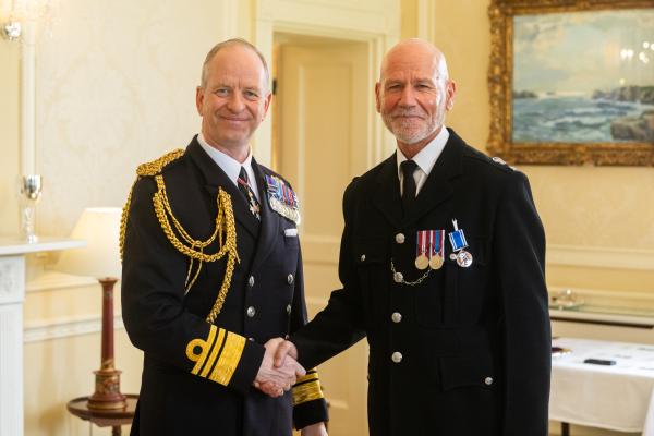 Government House. Medal Presentation to the States of Jersey Police. L>R Vice Admiral Jerry Kyd, Governor of Jersey and Const David Bisson - LS&GC Medal                           Picture: ROB CURRIE