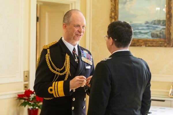 Government House. Medal Presentation to the States of Jersey Police. L>R Vice Admiral Jerry Kyd, Governor of Jersey and Det Const Donna Hewlett - LS&GC Medal                    Picture: ROB CURRIE