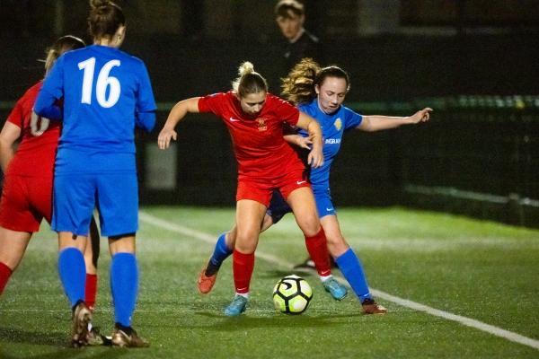 Football at Springfield. Jersey FA Women (blue) vs Army FA Women (red). L>R Imogen Fisher and Sofia Rodrigues                           Picture: ROB CURRIE