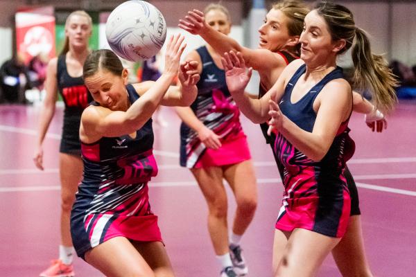 Netball at Les Ormes. St Lawrence A (purple) V St Clement A (black). L>R Rena Nelson, Ellie Thackeray and Heather Rabet                                Picture: ROB CURRIE