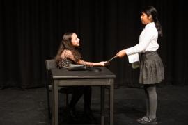 Eisteddfod 2023 English, Speech and Drama section Class 718 The David Love Award  Published duologues for boys and/or girls 12 and under  Charlotte Rodrigues and Zunaira Zafor -'There's nothing for it' Picture: JON GUEGAN
