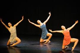 Les Quennevais school. Jersey Eisteddfod dance section. Class 431B The Geraldine Des Forges Award, Trio/Quartet 7 to 21 years old. Mia Procter, Eleanor Wilson & Grace Connolly dancing to Shallow                           Picture: ROB CURRIE