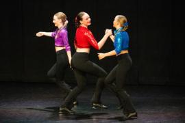 Les Quennevais school. Jersey Eisteddfod dance section. Class 431B The Geraldine Des Forges Award, Trio/Quartet 7 to 21 years old. Tess Drummond, Amelia Devaney & Arabella Kennedy dancing to Rather Be who came first and were awarded a gold certificate                           Picture: ROB CURRIE