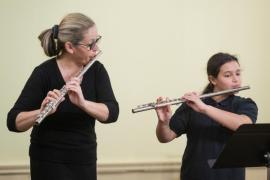 Chateau Vermont. Jersey Eisteddfod music section. Class 137 INSTRUMENTAL ENSEMBLE ONLY ONE PERSON TO EACH PART
Any Age. L>R ?????? and Alexandra Neves, the Jam Flute Duo on flutes, play Andante from Sonatina in F by Ball                  Picture: ROB CURRIE