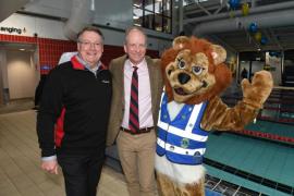 The start of the Swimarathon 2023 with Ravenscroft's Hayden Taylor, Lt Gov Jerry Kid and 'Melvin' the Lion mascot. Picture: DAVID FERGUSON