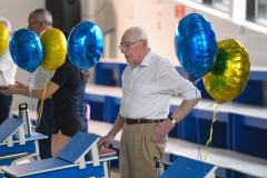 Lions club stalwart Ken Syvret counting the laps. The start of the Swimarathon 2023 with Lt Gov Jerry Kid. Picture: DAVID FERGUSON