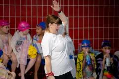 Les Quennevais pool. Swimarathon. Helvetia House School. Year 1 teacher Sarah Dawson encouraging her young charges                Picture: ROB CURRIE