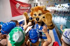 Les Quennevais pool. Swimarathon. Helvetia House School.  Melvin the lion high fives the swimmers leaving the session              Picture: ROB CURRIE