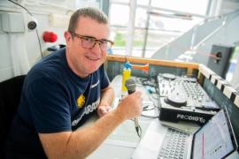 Les Quennevais swimming pool. Swimarathon. Geoff Dingle, DJ for the 28th  year                            Picture: ROB CURRIE