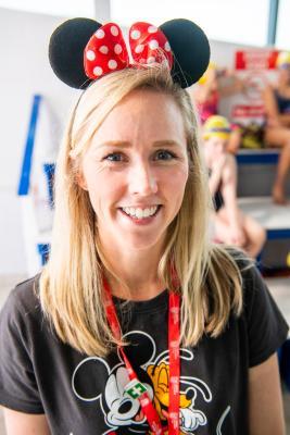 Les Quennevais swimming pool. Swimarathon. JCP students from year 3 to 6 fill the session. Hayley Toudic, year 5 teacher wearing Minnie Mouse ears and hed bow                           Picture: ROB CURRIE