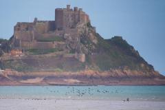 Standalone. Mont Orgueil Castle Gorey Castle. Person walking dog at low tide, throwing a ball for the dog                      Picture: ROB CURRIE