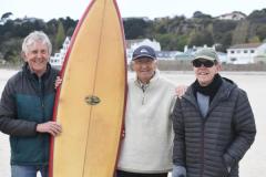 Founder members of the Jersey Surfboard Club David Beaugeard, David Grimshaw and Barry Jenkins. The Jersey local surfing community spanning decades assemble for the 'Paddle Out' at St Brelades Bay in memory of local surfing legend, Steve Harewood Picture: DAVID FERGUSON