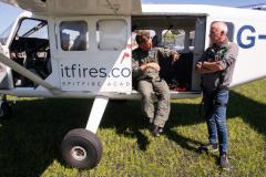 Jersey Aero Club at Jersey Airport. JEP journalist Kelly Frost gets ride in a two seater Spitfire with spitfires.com The Spitfire Academy. JEP photographer Jon. Guegan took aerial photos of Kelly from another aircraft. L>R is Spitfire pilot Matt Jones                   and Jon Guegan                 Picture: ROB CURRIE