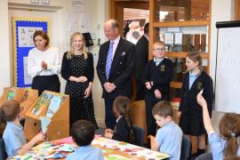 Year 1. Headteacher Vicki Charlesworth. Lt Gov Jerry Kyd and Dr Kyd visit Les Landes School to see how their Crown making is getting on. Picture: DAVID FERGUSON