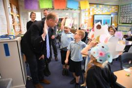 Year 1 with their crowns on. Lt Gov Jerry Kyd and Dr Kyd visit Les Landes School to see how their Crown making is getting on. Picture: DAVID FERGUSON