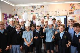 Year 6. Lt Gov Jerry Kyd and Dr Kyd visit Les Landes School to see how their Crown making is getting on. Picture: DAVID FERGUSON
