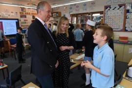 Year 6 Tommy Titshall talking to the Lt Gov about Manchester City. Lt Gov Jerry Kyd and Dr Kyd visit Les Landes School to see how their Crown making is getting on. Picture: DAVID FERGUSON