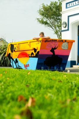 St Mary's school. Jasmine Stroyan (10) and the skip painted in her design follwing her win in the A to B with Reg's Skips, Design a Skip competition with Healing Waves                   Picture: ROB CURRIE