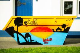 St Mary's school. Jasmine Stroyan (10) and the skip painted in her design follwing her win in the A to B with Reg's Skips, Design a Skip competition with Healing Waves                   Picture: ROB CURRIE