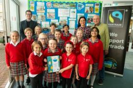 JCP school ECO team with the Fairtrade Community award, awarded to the Island of Jersey. Back L>R Mike Gidney, CEO Fairtrade Foundation, Mrs Andrea Christopher, teacher and ECO lead and Tony Allchurch, chairman Jersey Fairtrade Island Group                                Picture: ROB CURRIE