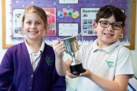 Grands Vaux school. Eisteddfod winners. L>R Gabriela Kochan (8) who came top in her age category (6-10) for the short story competition and Jose Esteves (9), a platinum award and overall winner in his age category in the French Eisteddfod                            Picture: ROB CURRIE