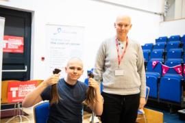 Hautlieu school. Charity head shave by Ben Collier (18) in support of his brother Alex Collier (24) who is undergoing treatment for cancer. Ben is raising money for CLIC Sargent (Jersey), Jersey Cancer Relief, Teenage Cancer Trust & donating his hair to The Little Princess Trust. The head shaving is to support his brother Alex who has lost his hair since having chemo. Silvia of CHIC Salon will is doing the hair cutting / shaving. L>R Ben Collier (18) and Alex Collier (24)                          Picture: ROB CURRIE