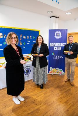 Grainville school new breakfast club. L>R Emily Sturgess, director Aztec Group, Christine van der Niet
Assistant Education Welfare Officer, Grainville school, Martin Evans, rector of St Saviour's parish church                                         Picture: ROB CURRIE