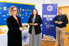 Grainville school new breakfast club. L>R Emily Sturgess, director Aztec Group, Christine van der Niet
Assistant Education Welfare Officer, Grainville school, Martin Evans, rector of St Saviour's parish church                                         Picture: ROB CURRIE