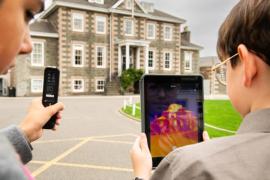 St Michael's school. 2024 Festival of Change,
 an inspiring week-long programme dedicated to sustainability, innovation, and education. Students use thermal imaging cameras to evaluate the school’s energy efficiency, fostering awareness around energy usage and climate impact. L>R Etienne (11), holding thermal imaging camera, Aurelian (11), holding iPad                     Picture: ROB CURRIE