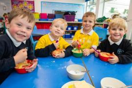 FCJ school. Children in Need. L>R Ethan (4), Ronnie (5), William (4) and Noah (4) making vanilla cupcakes, to which they'll add Pudsey cake toppers to sell                   Picture: ROB CURRIE