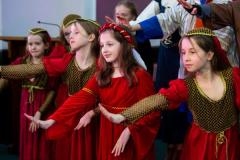 St Helier Methodist centre. St George's school years 5 & 6 dress rehearsal for their play ‘A Funny Thing Happened On the Way to Camelot!’. Isla playing Guinevere (red had band) with her ladies in waiting                    Picture: ROB CURRIE