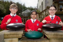 Jersey Eisteddfod Instrumental showcase. D'Auvergne school year 6 pupils with their new Balmy drums which they played recently at the Jersey Eisteddfod Instrumental Showcase at Chateau Vermont  Picture: JON GUEGAN