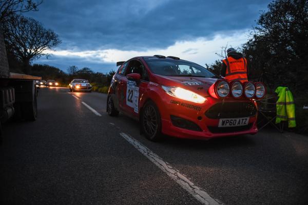 ROZEL Night Stage start line  Andy Corner and Ade Camp UK Peugeot 205 Jersey Rally Picture: DAVID FERGUSON