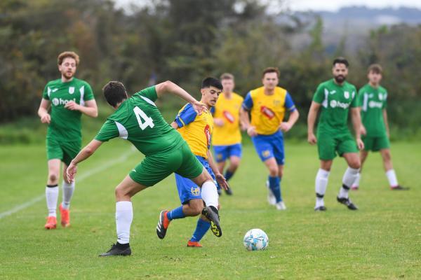 St Lawrence Mike Whelan and St Ouen 7 Renarto Gelardo FOOTBALL St Oiuen v St Lawrence Picture: DAVID FERGUSON