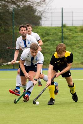 Hockey at Les Quennevais. Vic College 2nd XI (black) V Victoriana (white). L>R Jack Hutchinson and Merrion Carter                   Picture: ROB CURRIE