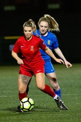 Football at Springfield. Jersey FA Women (blue) vs Army FA Women (red). Sophie Botterill (at back)                          Picture: ROB CURRIE