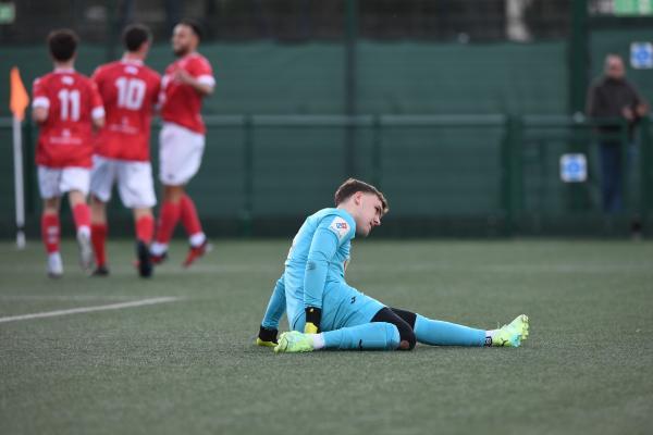 Guilford keeper Mac Chrisholm failed to stop Adam Trotter FOOTBALL Jersey Bulls v Guilford City Picture: DAVID FERGUSON