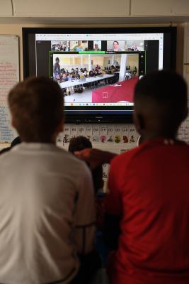 Commonwealth Day. Year 3 D'Auvergne School live link with Bridget Bilingual Nursery and Primary School in Bamenda, North West Province of Cameroon Picture: DAVID FERGUSON