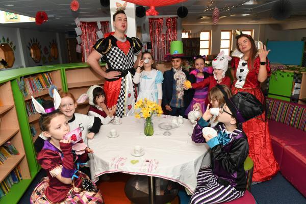 Madhatter's Tea Party. Bringing Stories to Life. 'Cutural Capital' World Book Day with Year 4 at D'Auvergne School with teachers Miss Bolton and Mr Worthington Picture: DAVID FERGUSON