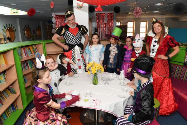 Madhatter's Tea Party. Bringing Stories to Life. 'Cutural Capital' World Book Day with Year 4 at D'Auvergne School with teachers Miss Bolton and Mr Worthington Picture: DAVID FERGUSON