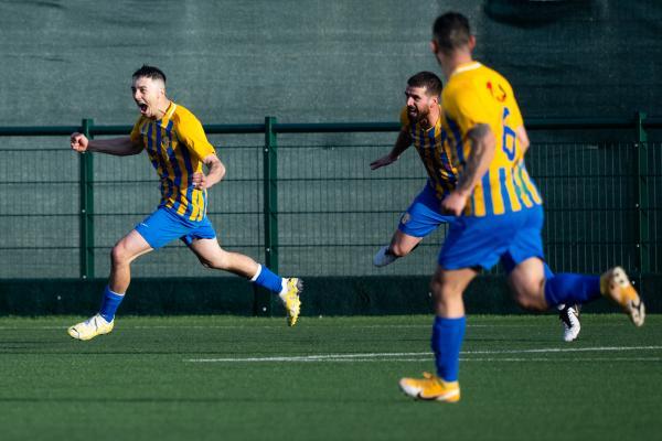 Football at Springfield. Jersey FA Cup final: Madeira (yellow) V St Brelade (red).  Henrique Cristovao celebrates scoring the first goal for Madeira in about the third minute of the game                    Picture: ROB CURRIE