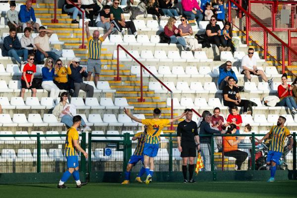 Football at Springfield. Jersey FA Cup final: Madeira (yellow) V St Brelade (red).  Henrique Cristovao celebrates scoring the first goal for Madeira in about the third minute of the game                    Picture: ROB CURRIE