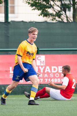 Football Wheway Memorial Trophy Final  St Clement v St Peter St Clement's first goal scored by Charlie Yates Picture: JON GUEGAN