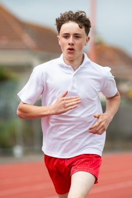 Athletics at the track at FB Fields. Schools athletics cup - boys year 7/8 & 9/10. 800m finish. Cole Selby (13) (white shirt/red shorts) of Le Rocquier won this race                         Picture: ROB CURRIE